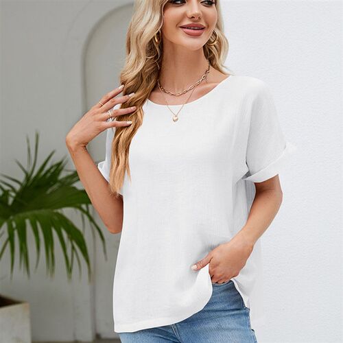 2025 Round Neck tton Linen Shirt Womens Short-sleeved Loose