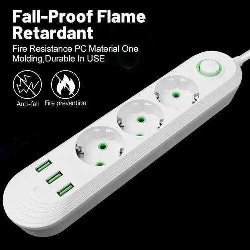 2500W EU Plug Power Strip 2m Extension Cord Electrical Socke