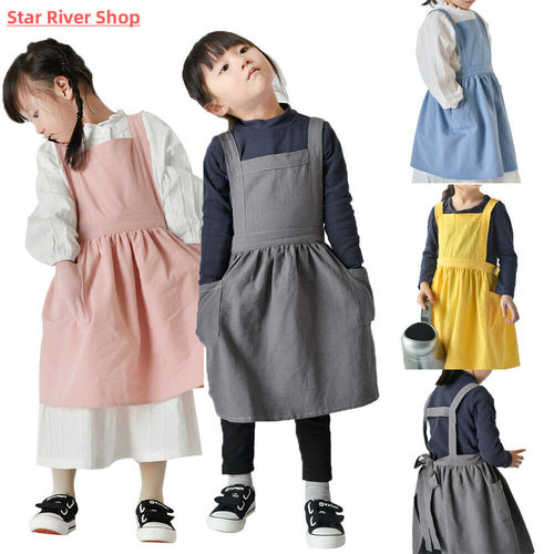 Kids Japanese Cotton Linen Bib Apron Kitchen Baking Uniform