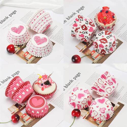 100Pcs Romantic Red Heart PVC Cupcake Liner Wrappers Cup Lov