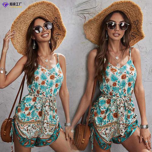 Summer Sexy Strap V-Neck Backless Hot Pants Jumpsuit Mid-Wai