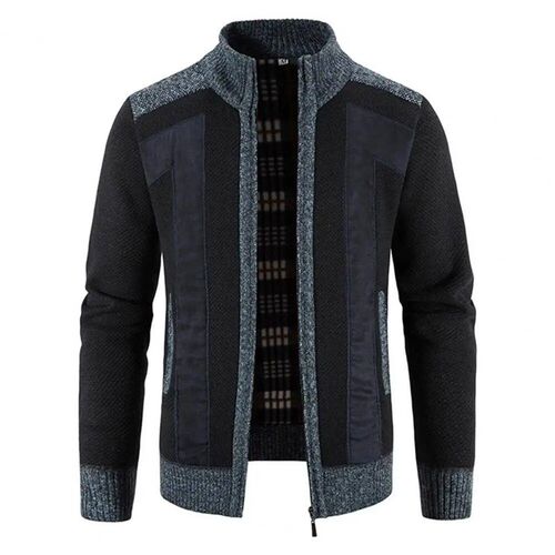 Winter Men Coat Knit Plush Contrast Colors Patchwork Breatha
