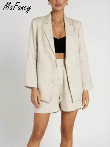 Msfancy Shorts Sets Women Cotton Blazer Spring High Waist Ca