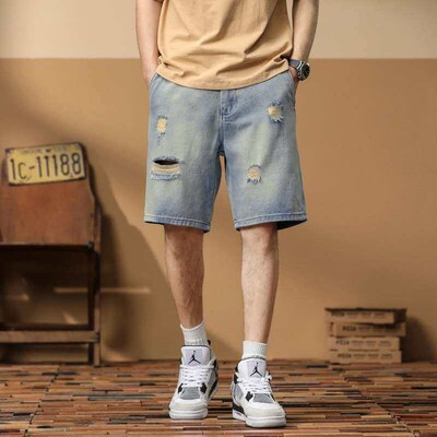 Summer Thin Retro Hole Denim Shorts Mens Loose Five-point P