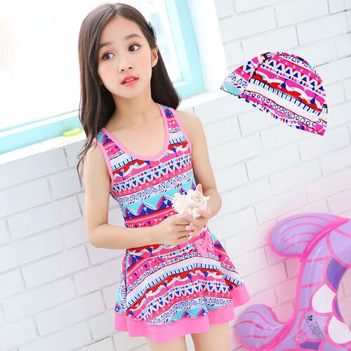 Girls Cute Classical Swim Suits With Cap Children Swimwear K