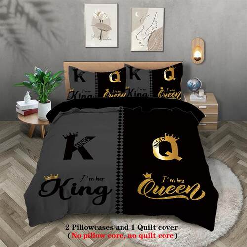 3pcs fashionable black gray K and Q design printed bedding s