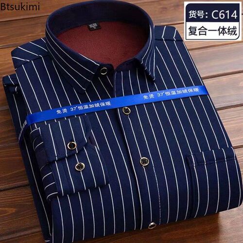 Autumn Winter Mens Long Sleeve Warm Plaid Shirt Fleece and
