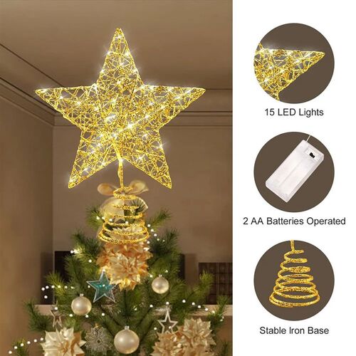 Iron Glitter Powder Christmas Tree Topper Star with LED Copp
