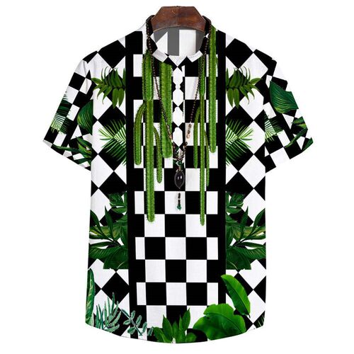 -Summer Short Sleeve Stand Collar Shirt Plus Size Checkerboa