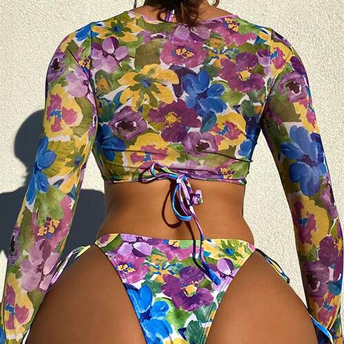 Flower Halter Long Sleeve Bikini Women Swimwear Female Swims