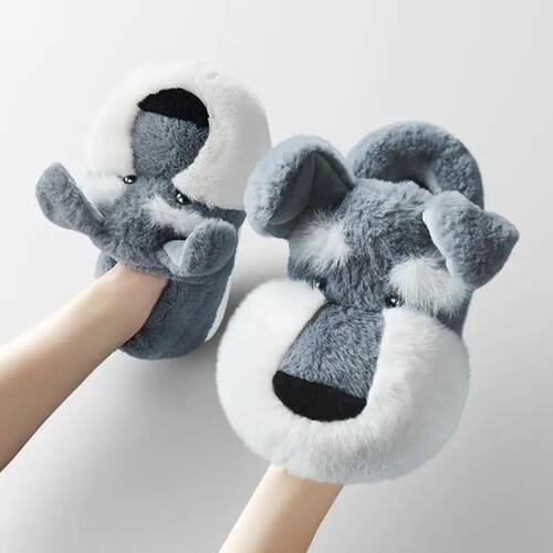 Cute Fluffy Schnauzer Slippers Womens 3D Animal Home Fur Lo