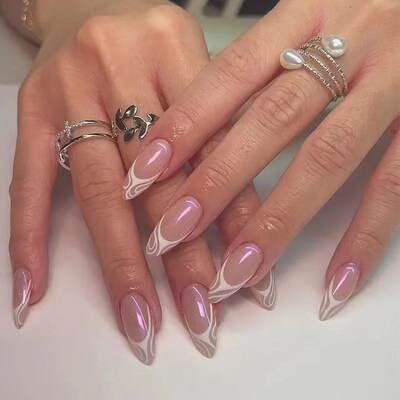 24Pcs Peach Blossom Fake Nails Press on Almond False Nails R