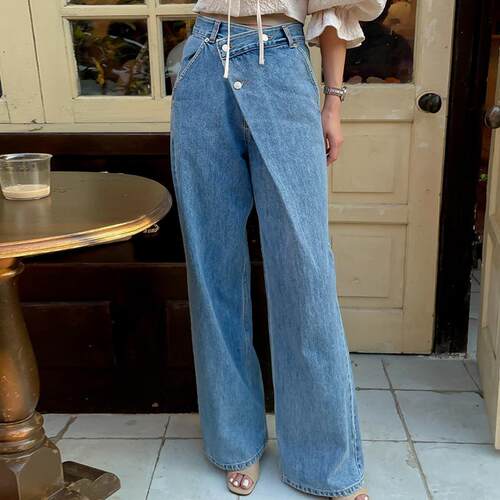 SuperAen Korea Chic Autumn Retro High Waist Irregular Buckle