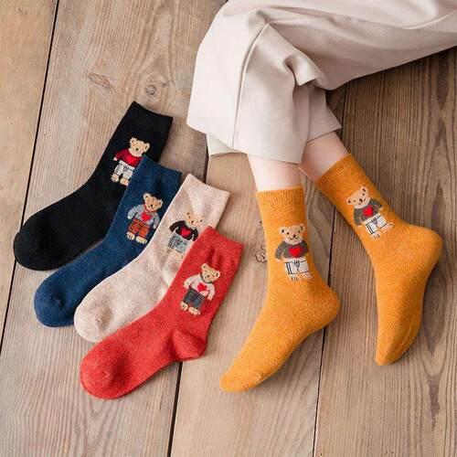 Cartoon Bear Socks Women Autumn Winter Thick Warm Socks Kore