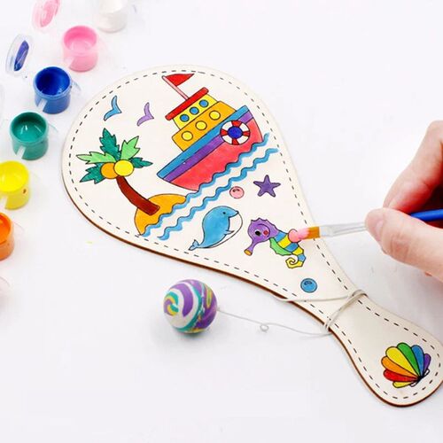 Random style white blank wooden racket with ball DIY craft t