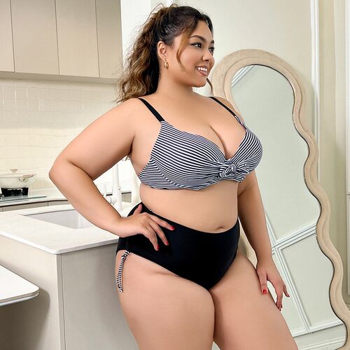Big Size Womens Bikini Striped Print High Waist Triangle Pan