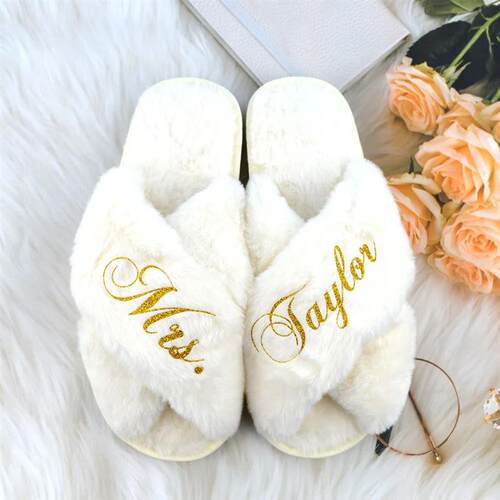 Custom Bridesmaid Fluffy Plush Open Toe Slippers Personalize