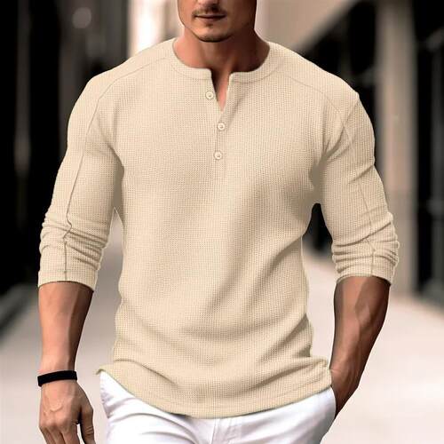 Mens Waffle Henley Shirt Tee Top Long Sleeve Plain Sreet Va