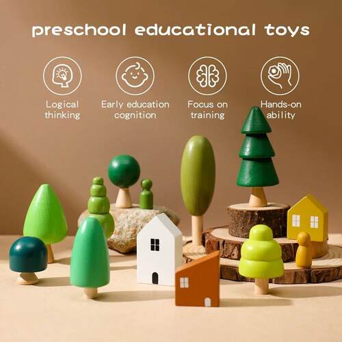 Wooden Building House Block Forest Ornaments Toy Christmas e