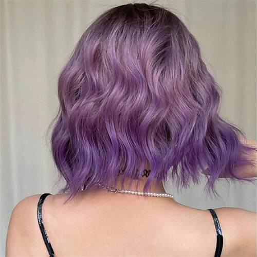 Gray Purple Pink Short Bob Synthetic Wigs with Bangs Curly C