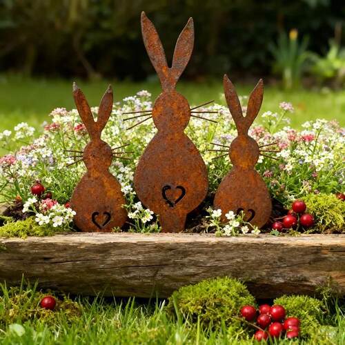 3pcs Metal Garden Stakes Easter, Rusty 2D Flat Ground Plugs,