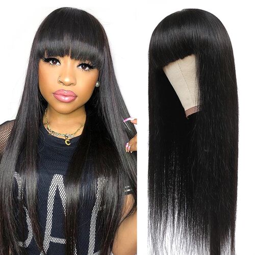 Silky Straight Human Hair Wigs With Bang Full Machine Made W