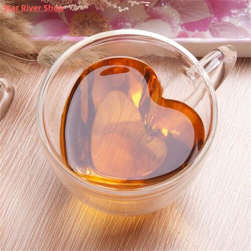 Heart Love Shaped Double Wall Glass Coffee Mug Home Office H