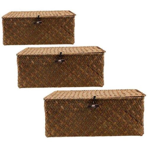 Storage with Lid 3 Pcs Seagrass Baskets Hand Woven Long