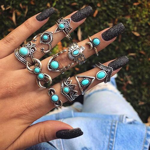 Bohemia Green Stone Finger Ring Set For Women Geometric Moon
