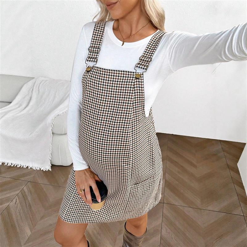 maternity suspender plaid dress spring Pregnant women skirt图片