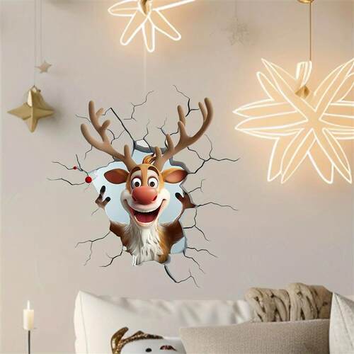 3D Reindeer Break-Through Wall Decal, Vinyl Christmas Wall e