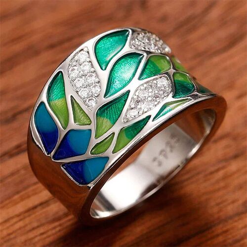 Green Leaf Enamel Handmade Oil Dropping Womens Ring Charm H