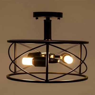 Semi Flush Mount Ceiling Light-Black Metal Retro Cage for Ha