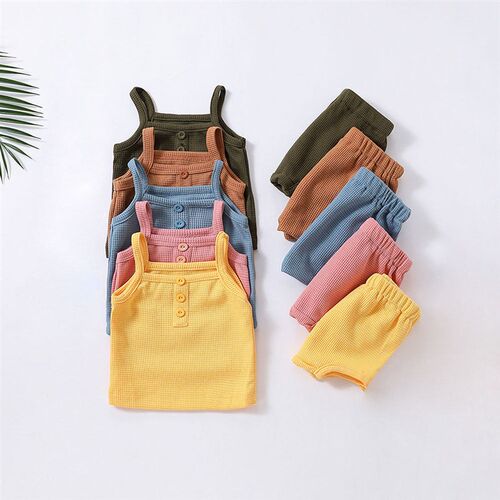 Baby Kids Summer Clothes Sets Waffle Cotton Suits Sleeveless