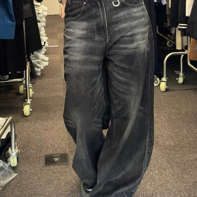 HOUZHOU Vintage Black Wide Leg Jeans Women Oversized High St