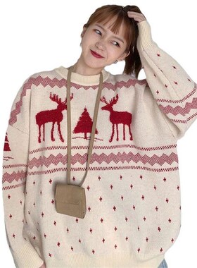 Red Christmas sweater womens top红色圣诞毛衣女洋气气质上衣