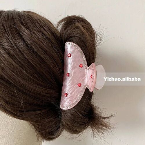 Korean Sweet Pink Rhinestone Heart Hair Clips for Women Kawa