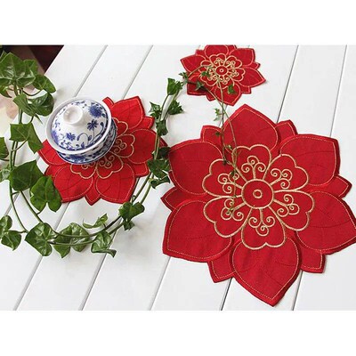 NEW satin red embroidery table place mat cloth dining coaste