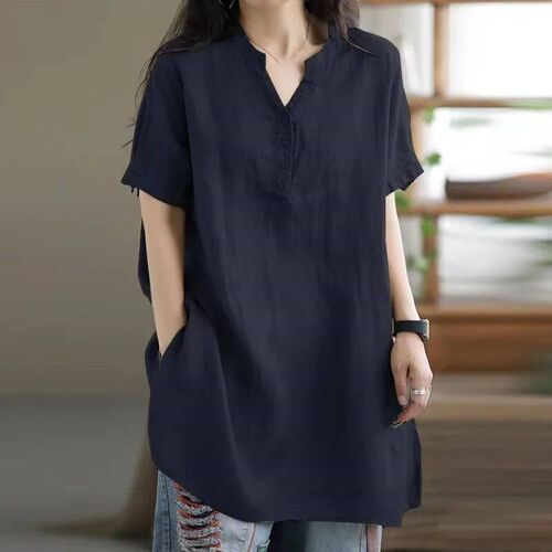 Cotton and hemp shirt for women, informal short sleeve shirt