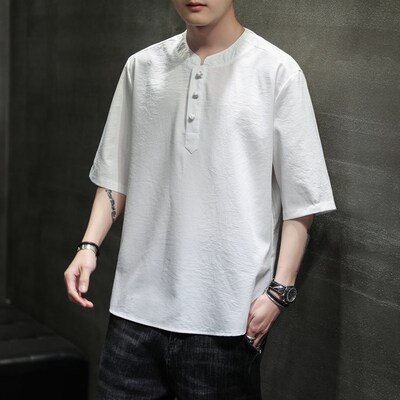 Summer Mens Solidcolor Icy Hemp Casual Hanfu Chinese Style O