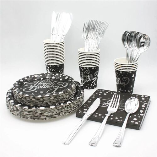 10Guests Black Stamping Silver Letter Happy Birthday Disposa