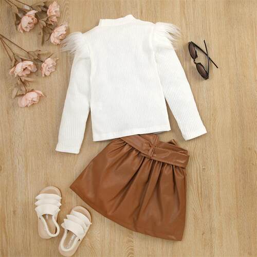 1-6Y Kids Girls Autumn Clothes Set Baby Solid Color Feather