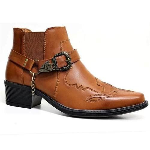 Mens Vintage Cowboy Boots Leather High Top Chain Buckle Str