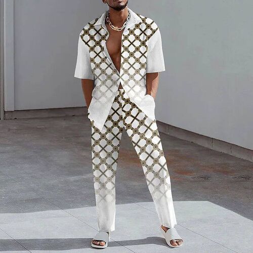 Fashion Print Two Piece Set Men Summer Short Sleeve Lapel Bu