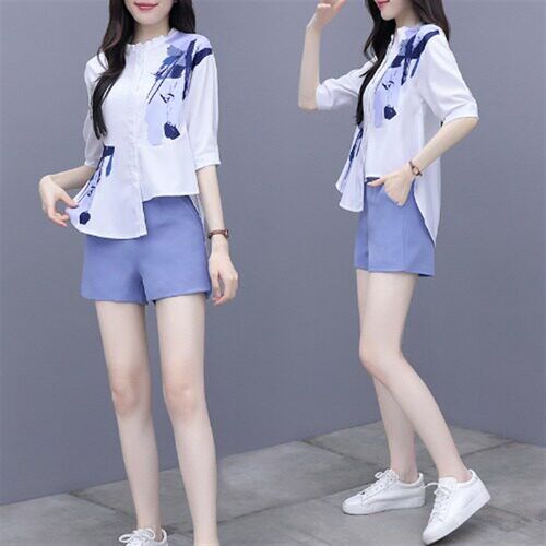 Summer Fashion Women Clothes Set Half Sleeve Print Irregular