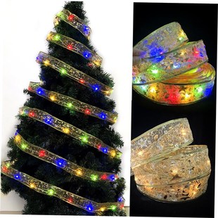 LED灯串圣诞树装饰挂件烫金双层彩带Christmas tree streamers