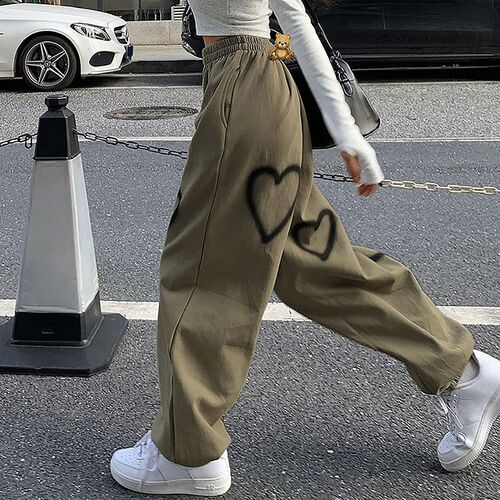 Heart Printing Sweatpants Women Loose Straight Joggers High