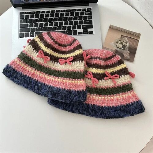 2023 Korean Autumn Winter Hand-crocheted 3D Bow Striped Retr