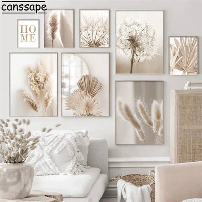Reed Pampas Grass Art Poster Dandelion Flower  Painting Beig