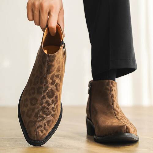 Mens Suede Round-Toe Boots Vintage Chunky Heel Short Boots